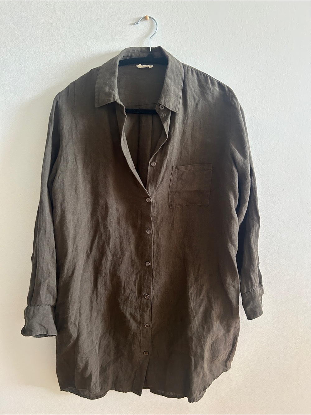 Olive Green 100% Linen Button-Up Shirt Dress